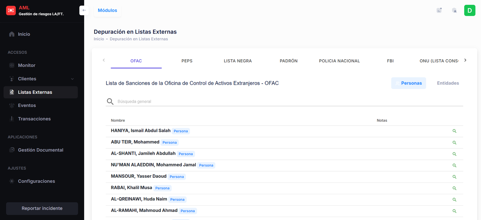 Depuración de Listas Internacionales
